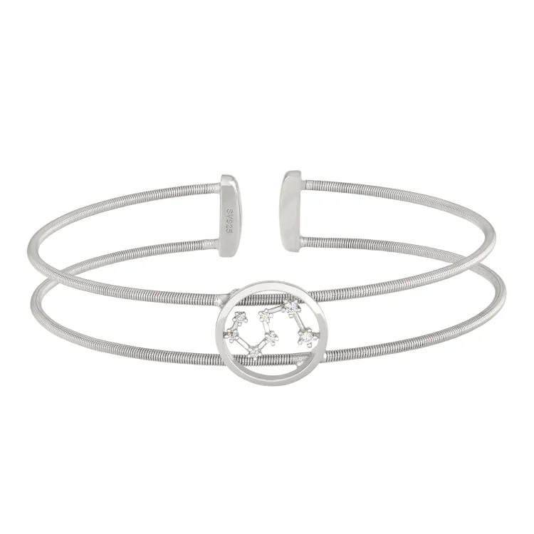 Personalized Bead Bracelets-Rhodium Finish Sterling Silver Cable Cuff Constellation Bracelet with Simulated Diamonds - Leo