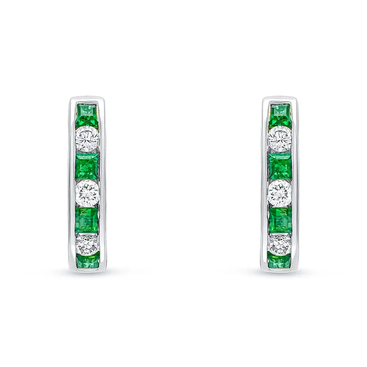 Simple Crystal Drop Earrings-18ct white gold 4 square Emerald and 3 brilliant cut diamond channel set hoop earrings