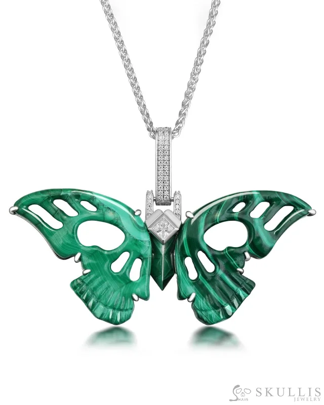 Designer Custom Wedding Ring-Personalized Silver Chain Necklace-Gem Skull Pendant Necklace of Malachite Butterfly Carved Skull