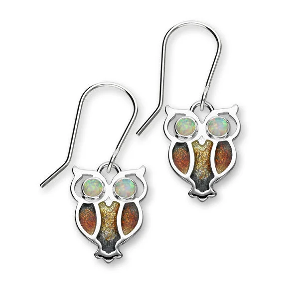 Textured Earrings-Nature in Flight Sterling Silver & Opal Enamel Owl Drop Earrings, ESE28