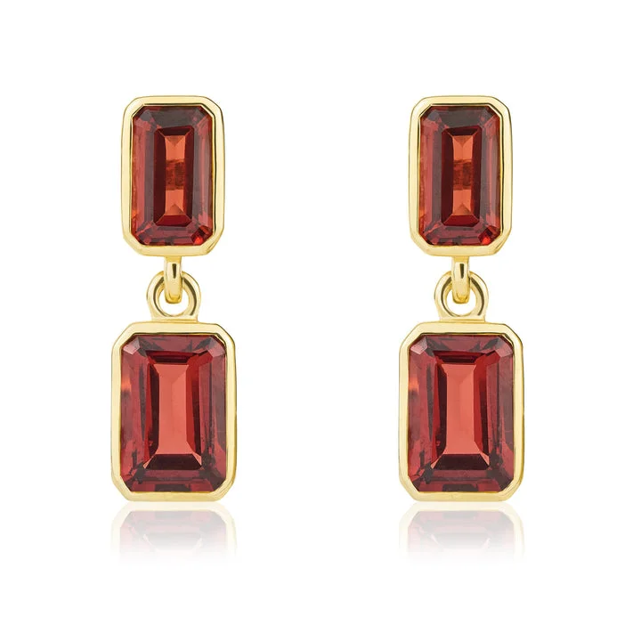 Handmade Gemstone Earrings-9ct yellow gold octagonal Garnet double drop earrings