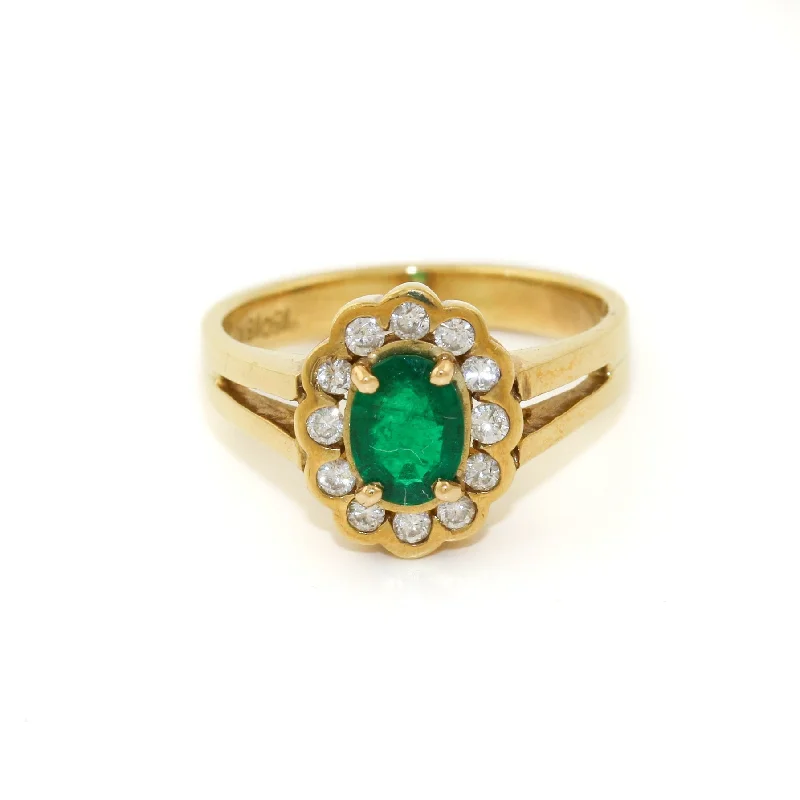 Custom Engagement Ring with Vintage Design18k Gold x Vintage .65 Emerald & Diamond Halo Ring