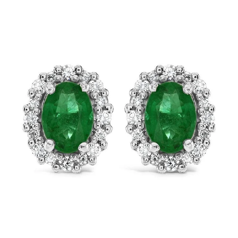 Simple Drop Earrings-18ct Yellow Gold Oval Cut Emerald & Diamond Cluster Stud Earrings