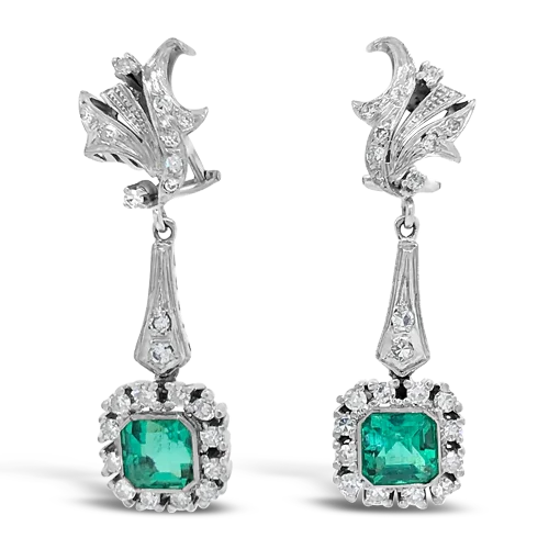 Stud Earrings for Women-Emerald & Diamond Dangle Estate Earrings