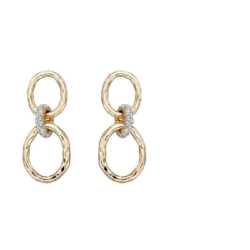 Luxury Gem Earrings-9ct Yellow Gold Diamond Set Hammered Loop Drop Earrings