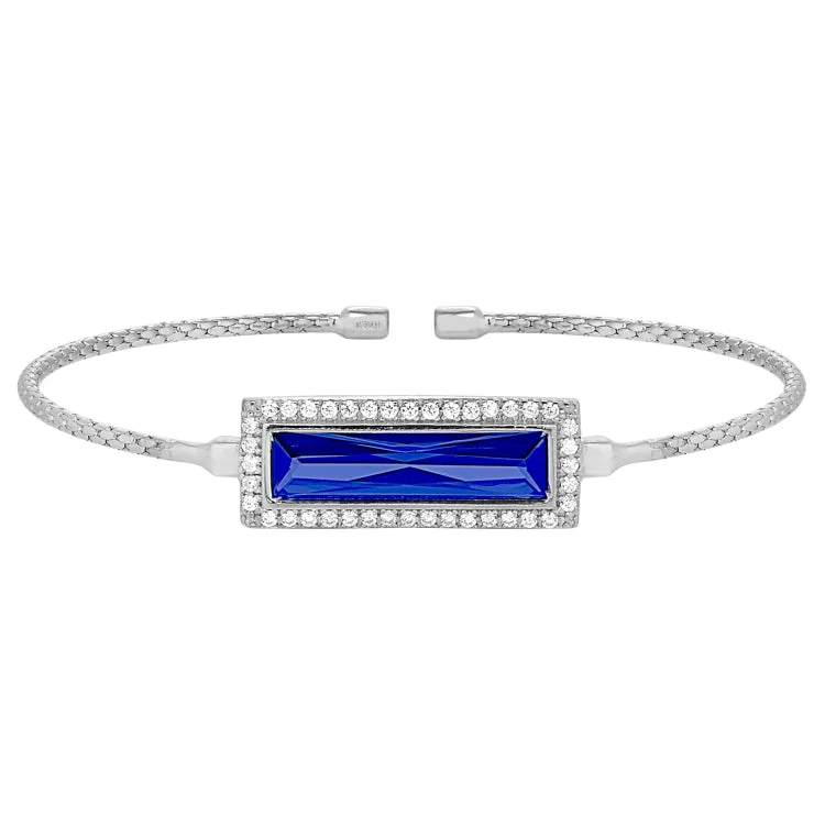 Healing Crystal Bracelets-Rhodium Finish Sterling Silver Cable Cuff Bracelet with Rectangular Simulated Sapphire Stone and Simulated Diamonds