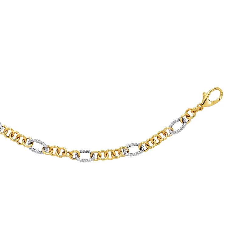 Casual Gold Bracelets-14K Two-tone Gold Alternating Twisted Oval Rope Link Chain