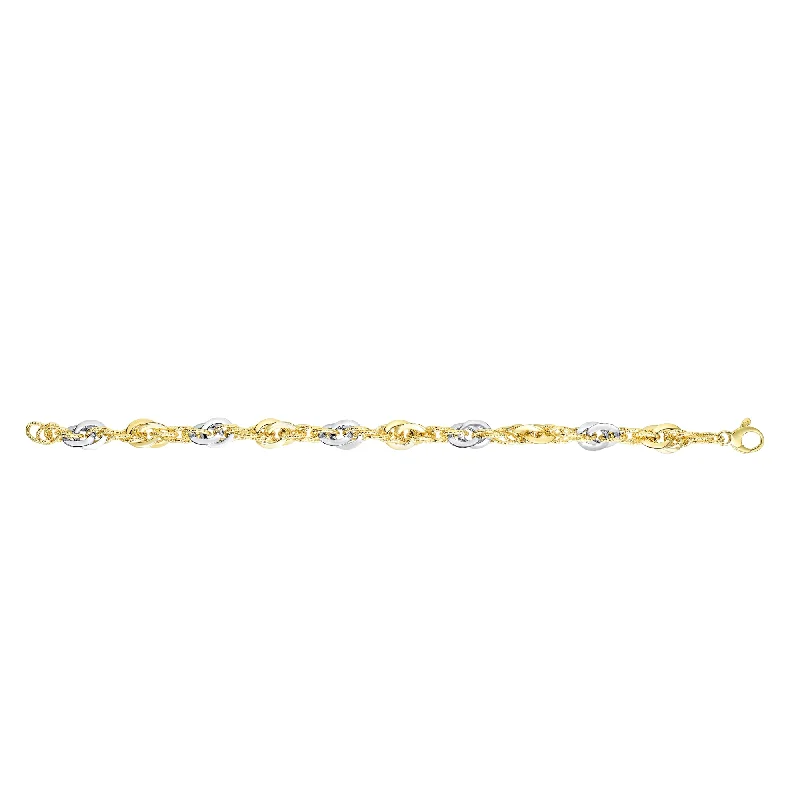 Gemstone Cuff Bracelets-14K Two-tone Gold Polished & Diamond Cut Interlocking Oval Link Chain