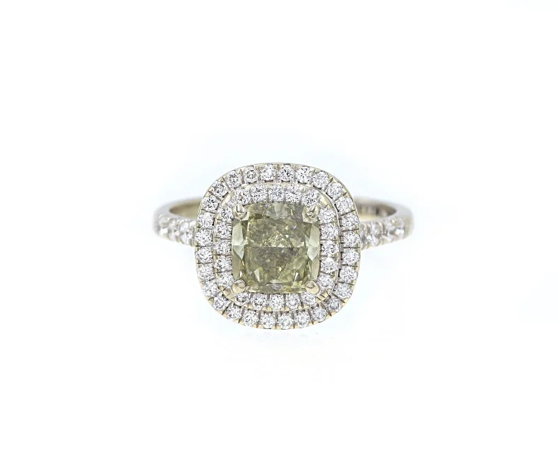 Gold Engagement Ring with Custom Design1.55ct Grey-Green Yellow Cushion Diamond Double Frame Engagement Ring 14K