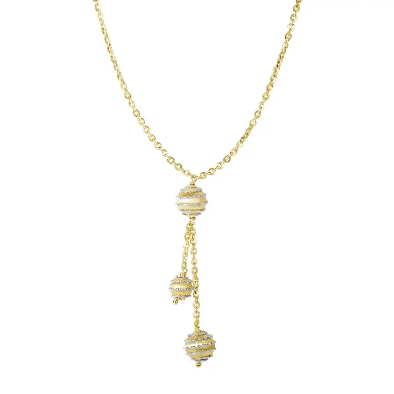 Boho Style Ring Set-Simple Silver Necklace-14kt 17" Yellow+White Gold Shiny+Diamond Cut 3 Satin Swirl Hanging Bead On 1.8mm Oval Link Lariat Type Fancy Necklace with Lobster Clasp N3358-17