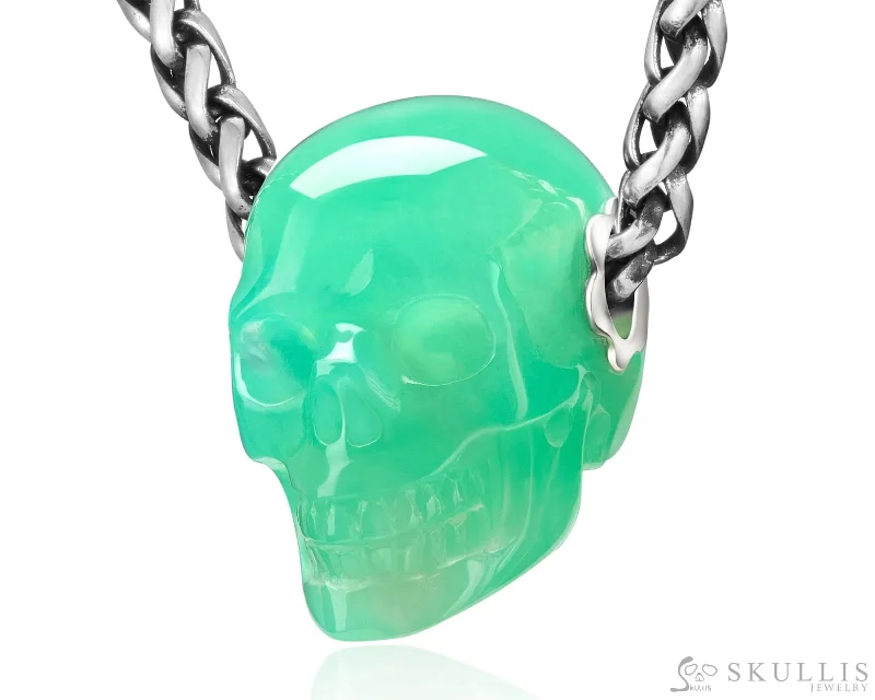 Designer Sapphire Wedding Ring-Trendy Cross Pendant Necklace Set-Skullis Signature Chrysoprase Gem Skull Pendant or Necklace, Hand Carved, Sterling Silver 925 Chain, for Women & Men