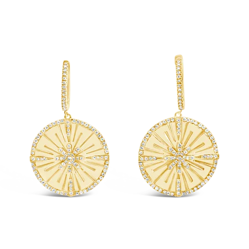 Gold Hoop Earrings-Diamond Star Medallion Dangle Earrings