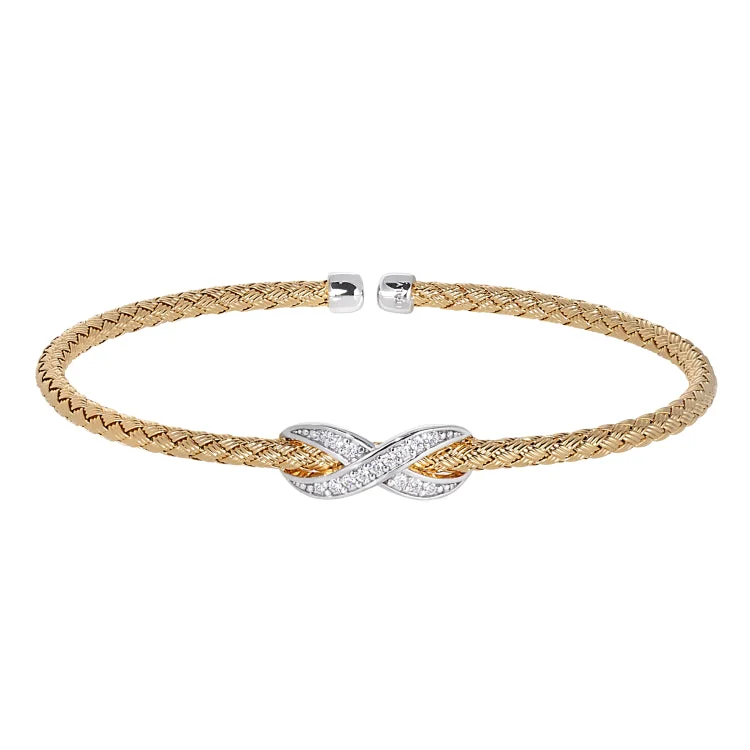 Multiple Charm Bracelets-Gold Finish Sterling Silver Basketweave Cable Cuff  Bracelet with Rhodium Finish Infititry With Simualated Diamonds