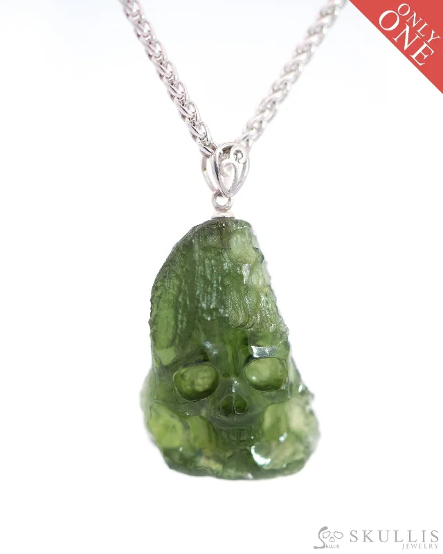 Engagement Ring with Pear Cut Diamond-Chain Pendant for Necklace-Rare Gem Skull Pendant Necklace of Moldavite Crystal Carved Skull, 925 Sterling Silver - 0800035