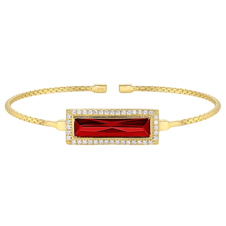 Vintage Gemstone Bracelets-Gold Finish Sterling Silver Cable Cuff Bracelet with Rectangular Simulated Garnet Stone and Simulated Diamonds