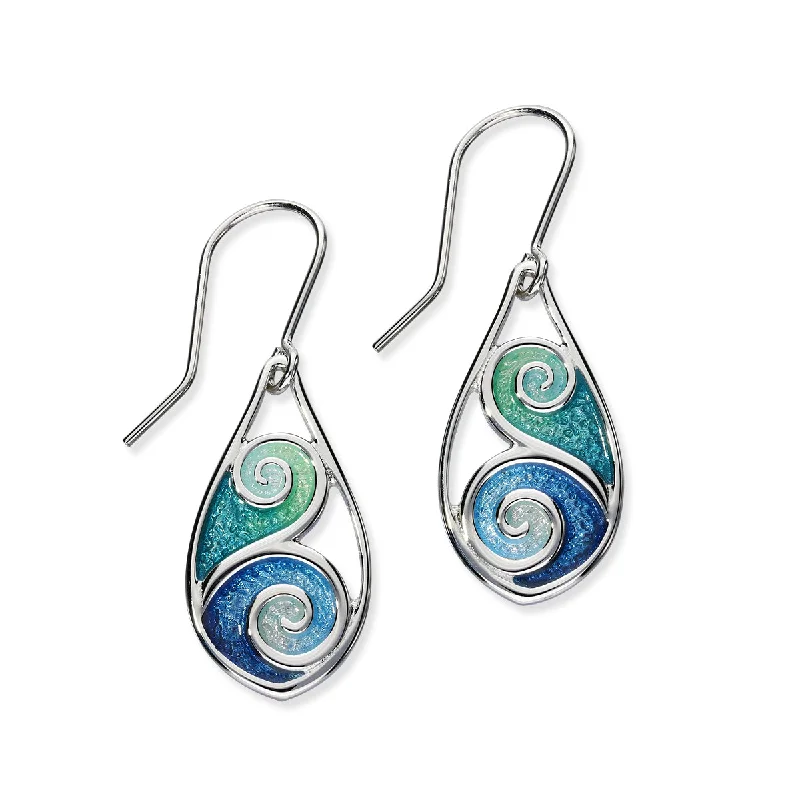 Animal Shape Earrings-Tranquility Sterling Silver & Blue/Green Enamel Swirl Oval Drop Earrings, EE289