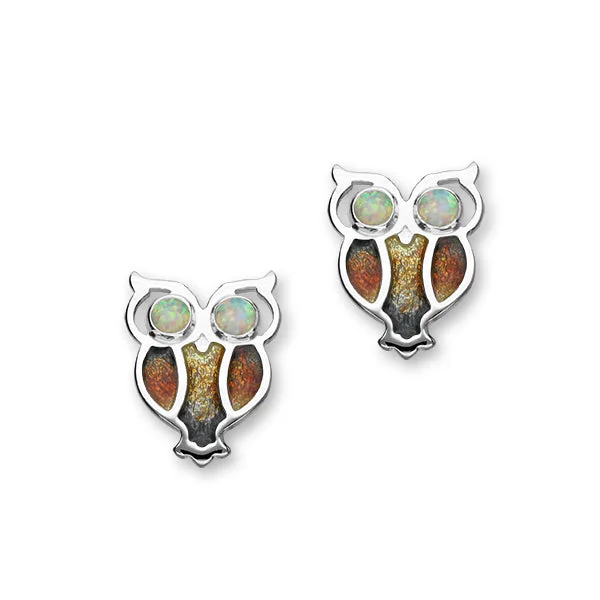 Sparkly Drop Earrings-Nature in Flight Sterling Silver & Opal Enamel Owl Stud Earrings, ESE27