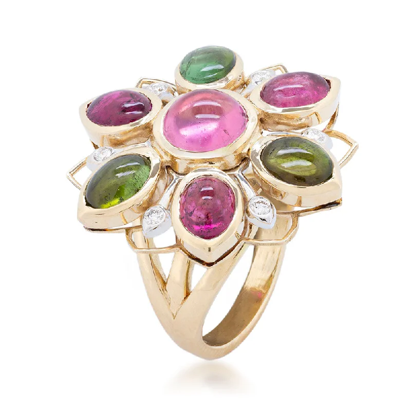 Gold Wedding Band with DiamondsRed & Green Tourmaline Flower Cocktail Ring with Diamonds