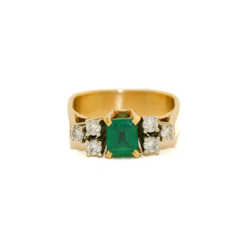 Stackable Wedding Ring for AnniversaryVintage 18K Two Tone Gold Emerald + Diamond Ring