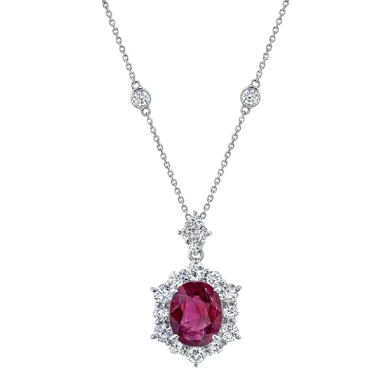 Custom Engagement Ring for Couples-Classic Pendant Necklace-Platinum 4.20ct Ruby and Diamond Halo Necklace