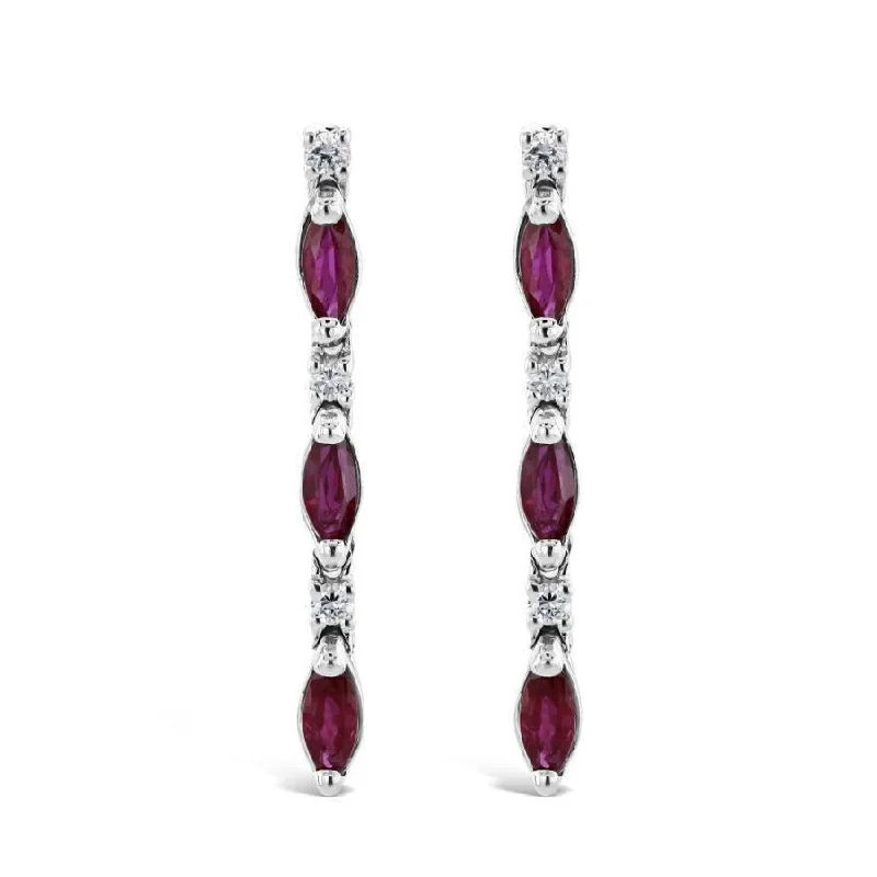 Silver Hoop Drop Earrings-18ct White Gold Marquise Cut Ruby & Diamond Line Drop Earrings