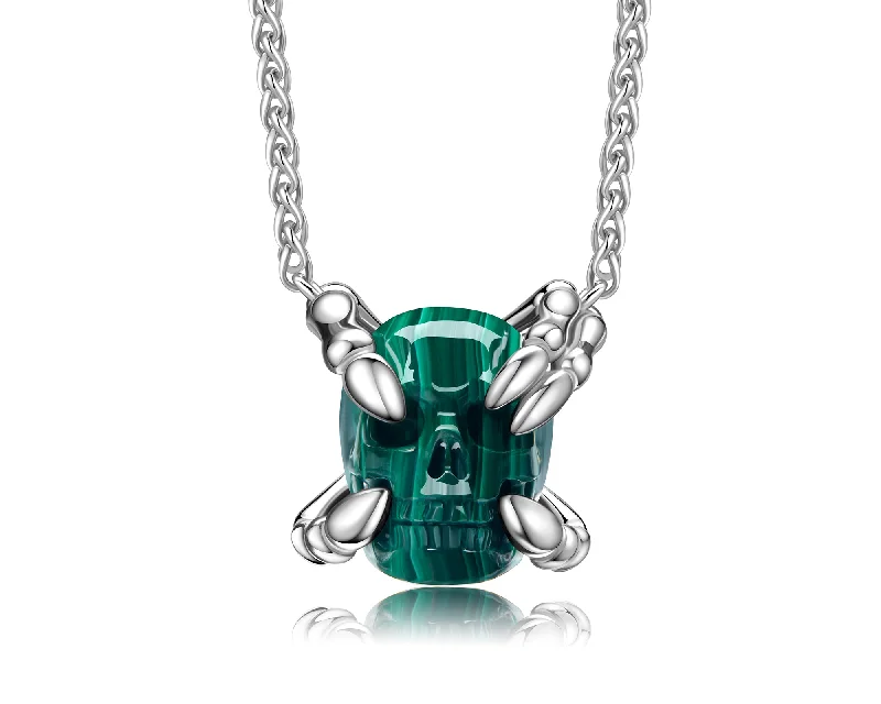 Women's Wedding Ring with Gemstone-Custom Birthstone Pendant Necklace-Gem Skull Pendant Necklace of Malachite Carved Skull with Sterling Sterling Silver Finger Bones