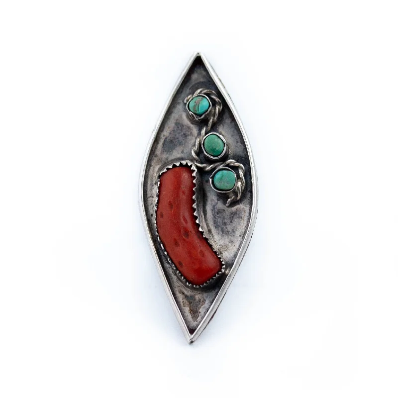 Vintage-Inspired Wedding Ring for MenRustic Old Pawn Green Turquoise & Red Coral Navajo Ring