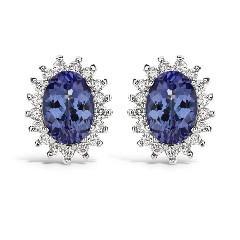 Stylish Dangle Earrings-18ct White Gold Oval Cut Tanzanite & Diamond Cluster Stud Earrings