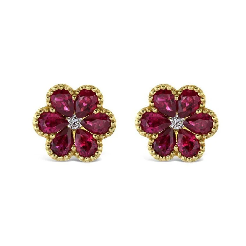 Simple Silver Drop Earrings-18ct Yellow Gold Ruby & Diamond Flower Stud Earrings