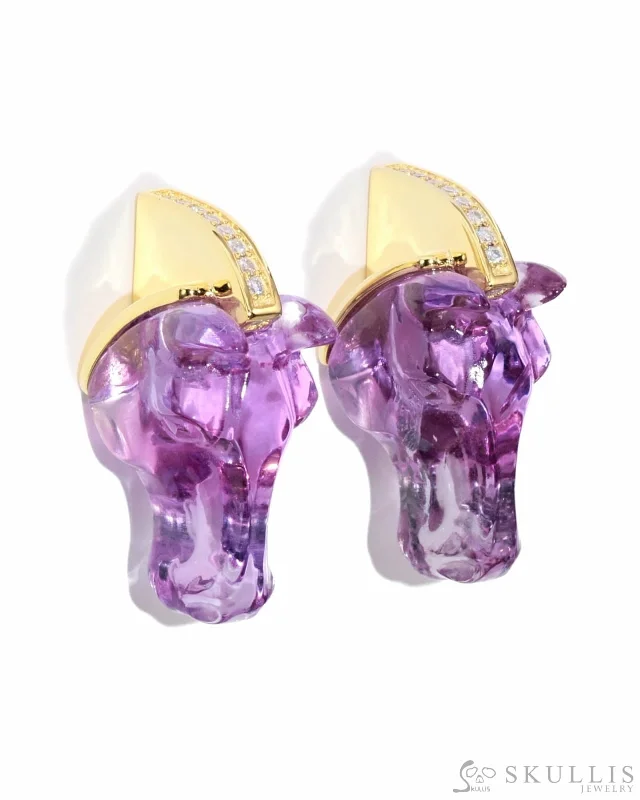 Large Gemstone Earrings-Gem Earrings of Amethyst Carved Horse Head