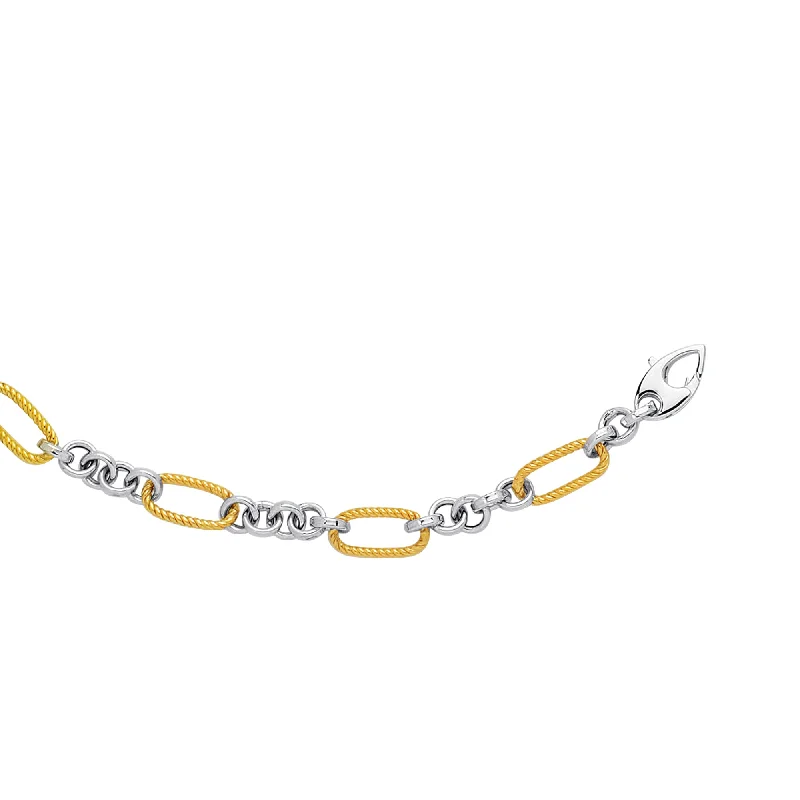 High-End Gold Bracelets-14K Two-tone Gold Alternating Twisted Elongated Oval Rope Link Chain