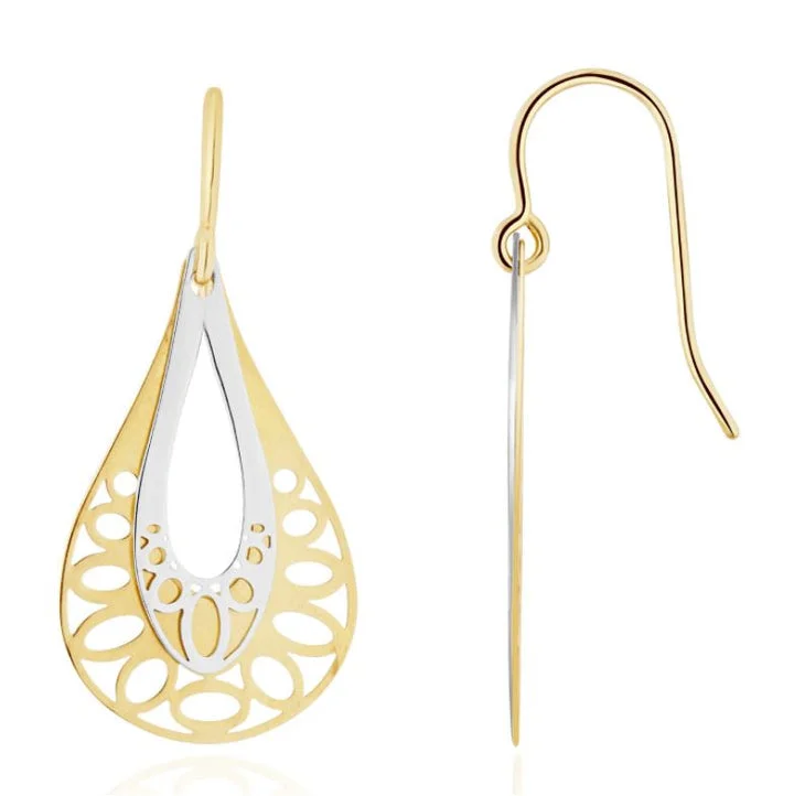 Custom Gold Drop Earrings-9CT Two Tone White & Yellow Gold Polished Filigree Drop Earrings 33x15mm