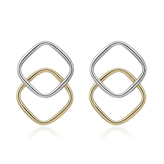 Retro Drop Earrings-9ct White & Yellow Gold Overlapped Cushion Stud Earrings