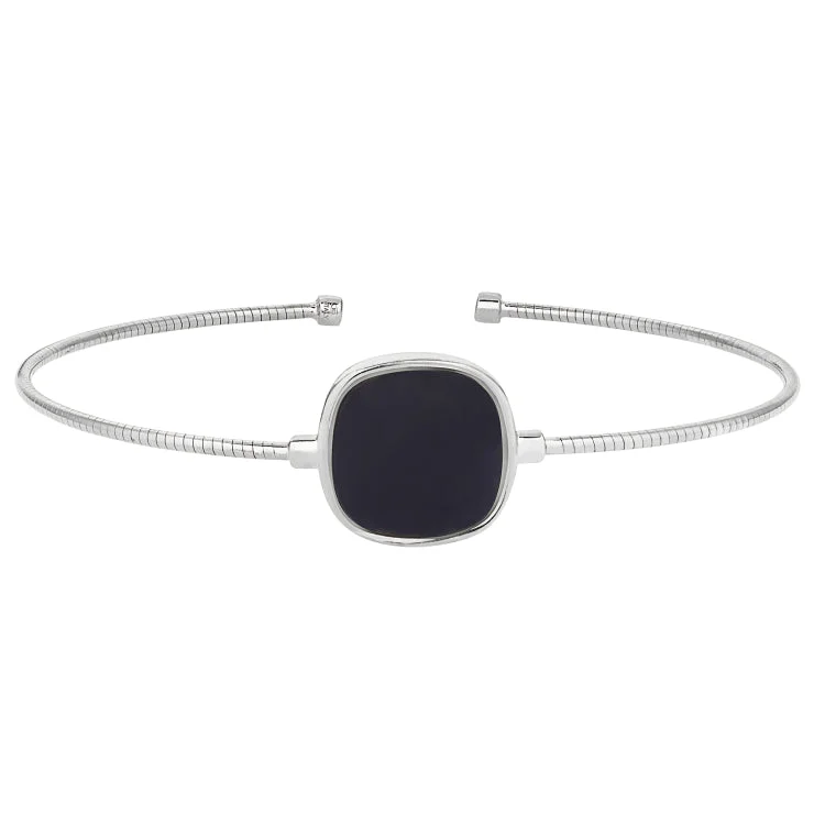 Stylish Fashion Bracelets-Rhodium Finish Sterling Silver Rounded Omega Cable Cuff Bracelet with a Cushion Cut Black Murano Stone