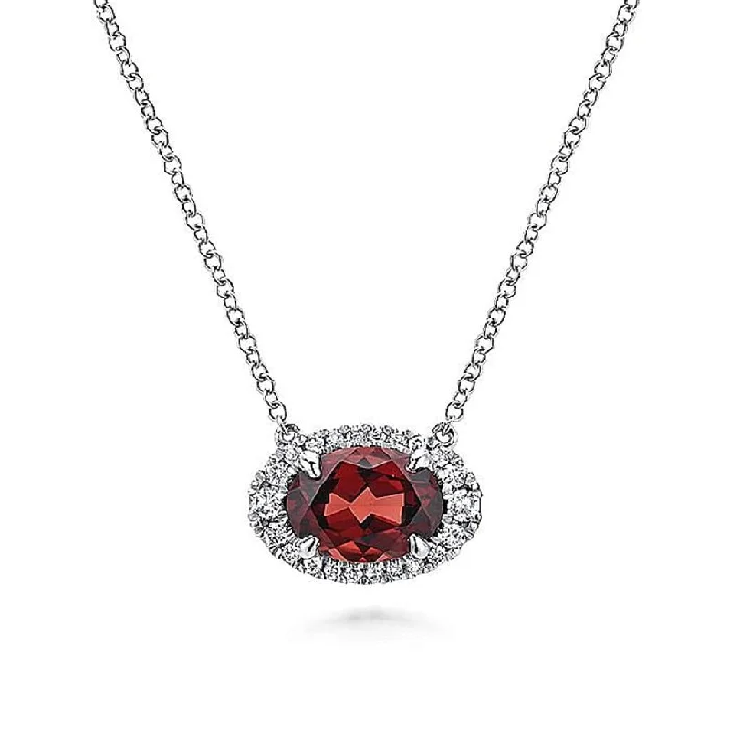 Gold and Diamond Ring Set-Retro Necklace-Gabriel & Co. 14K White Gold Oval Garnet and Diamond Halo Pendant Necklace