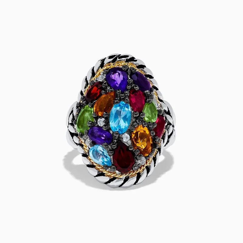 Custom Wedding Set with EngravingMosaic 925 Sterling Silver & 18K Yellow Gold Multi Color Gemstone Ring