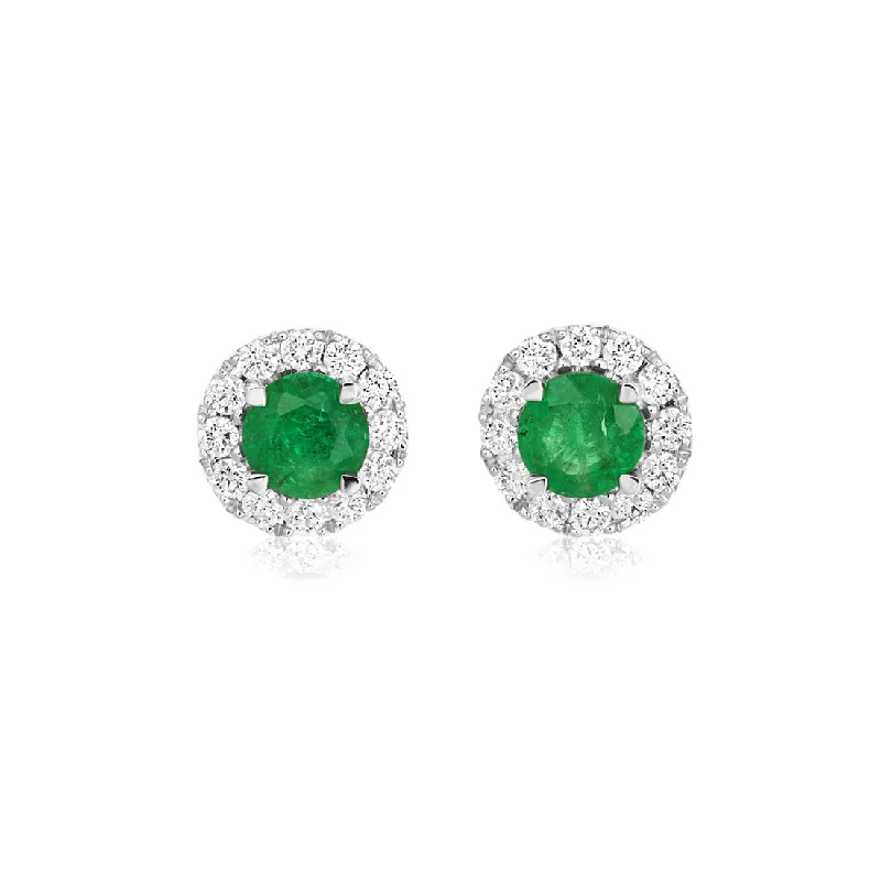 Trendy Gemstone Earrings-18ct white gold emerald and diamond claw set round cluster stud earrings