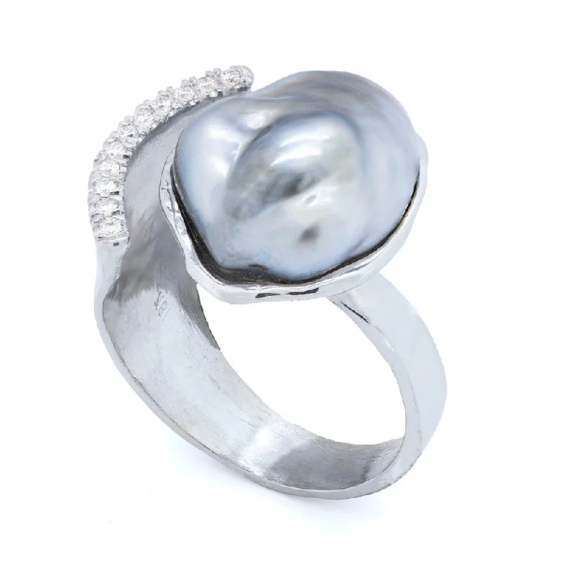 Custom Engagement Ring with GemstonesAsymmetrical Keshi Tahitian Pearl RING WITH DIAMONDS ARCH