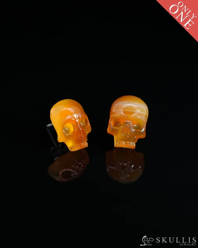 Unique Designer Earrings-Gem Skull Earrings of Carnelian Carved Skull in 925 Sterling Silver - 9800136