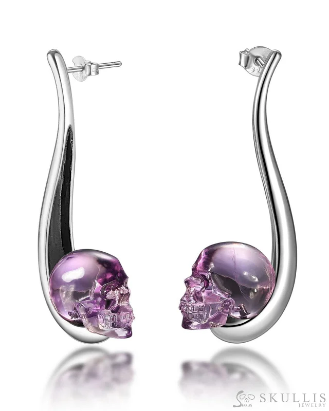 Natural Pearl Earrings-Gem Skull Earrings of Amethyst Carved Skull in 925 Sterling Silver