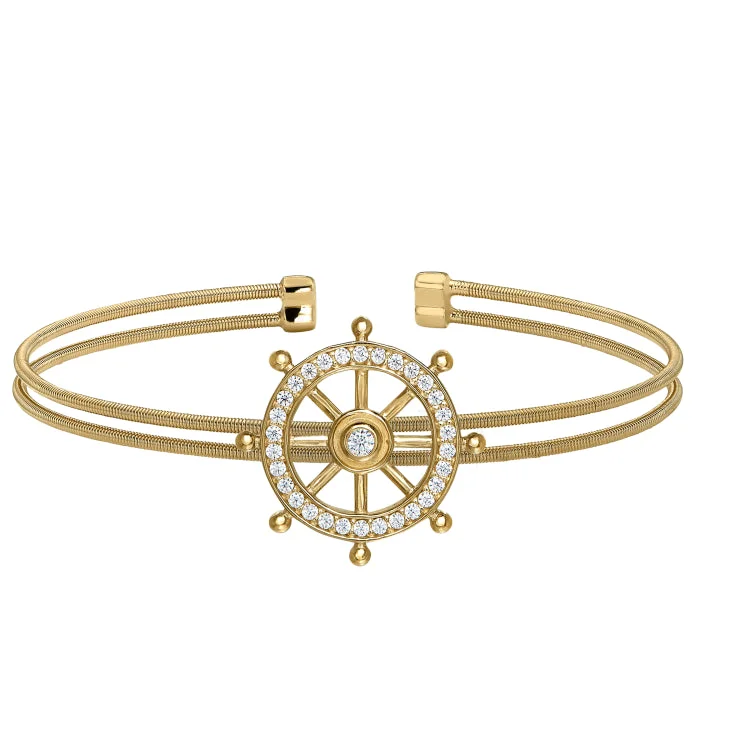 Infinity Charm Bracelets-Gold Finish Sterling Silver Two Cable Ships Wheel Cuff Bracelet Bracelet with Simulated Diamonds