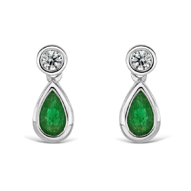 Luxury Crystal Earrings-18ct White Gold Rubover Set Pear Cut Emerald & Diamond Drop Earrings