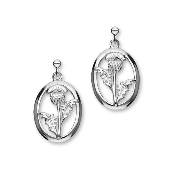 Crystal Earrings for Weddings-Scottish Thistle Sterling Silver Oval Drop Earrings, E975