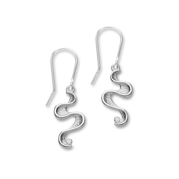 Silver Pearl Earrings-Mirran Ripples Sterling Silver & Cubic Zirconia Long Drop Earrings, CE440