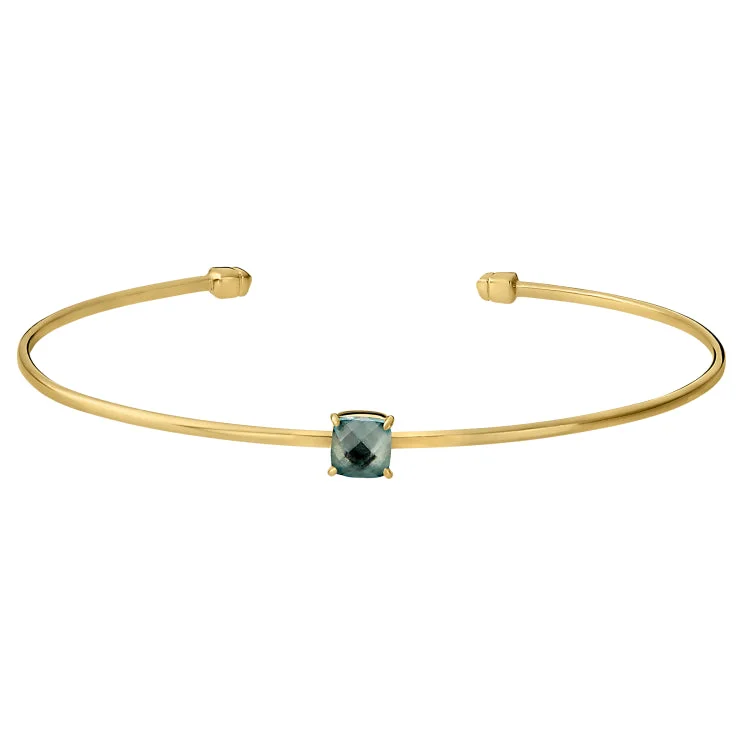 Wrap Around Bracelets-Gold Finish Sterling Silver Pliable Cuff Bracelet with Faceted Cushion Cut Simulated Blue Topaz Birth Gem - December