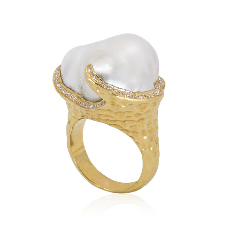 Customizable Wedding Ring with BirthstoneBaroque South Sea Pearl Hammered Gold Ring with Diamonds