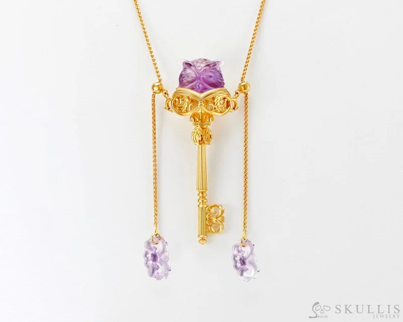 Personalized Promise Ring Set-Long Chain Pendant Necklace for Women-Gem Owl Pendant Necklace of Amethyst Carved Owl in 18K Gold-Plated 925 Silver