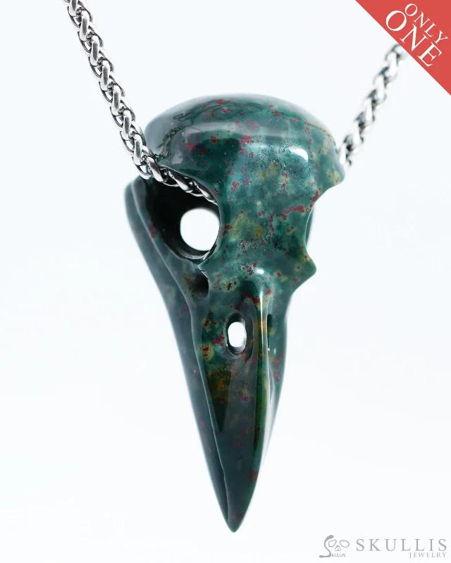 Unique Designer Engagement Ring-Designer Pendant Necklace for Women-Gem Raven Skull Pendant Necklace of Bloodstone Carved Raven Skull - 9800127