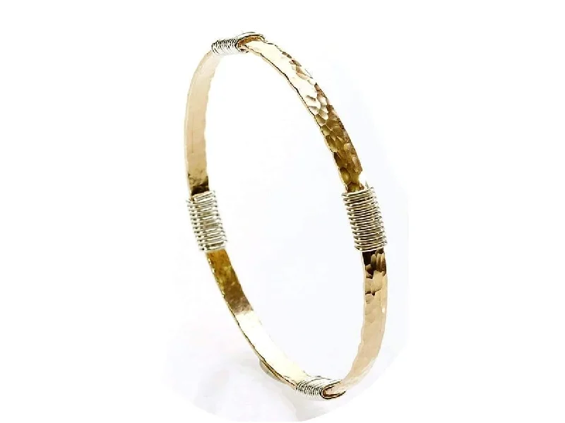 Silver Plated Bangles-Silver and Gold Wired Hammered Bangle - 14ct Rolled Gold