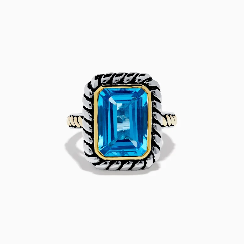 Vintage-Inspired Engagement Ring for Women925 Sterling Silver and 18K Yellow Gold Blue Topaz Ring